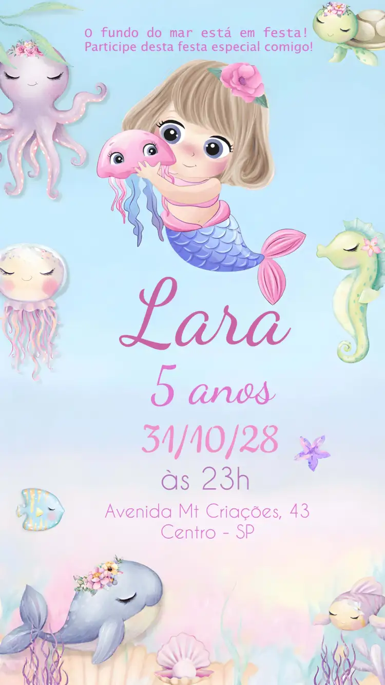 Convite Sereia Cute Colorido – tema Mais pesquisados colorido, marinho, fantasia, infantil, divertido, lúdico