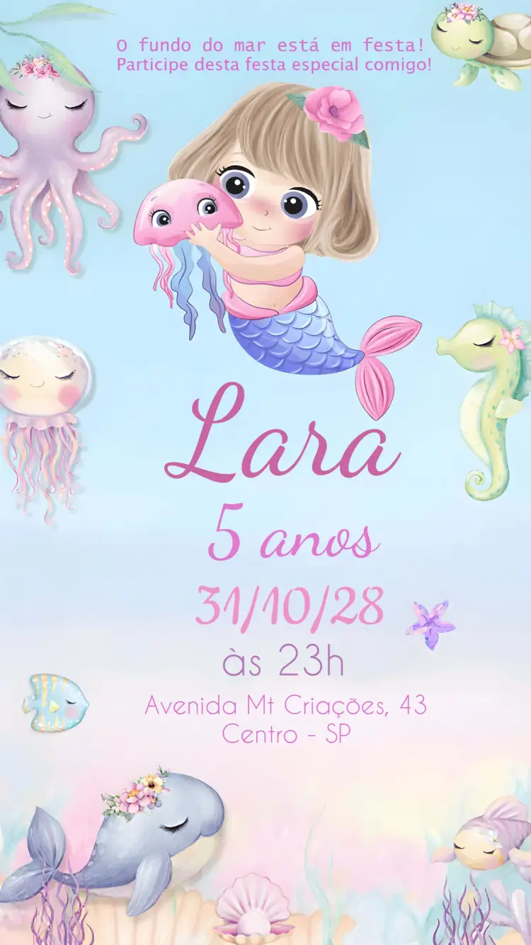 Convite Sereia Cute Colorido