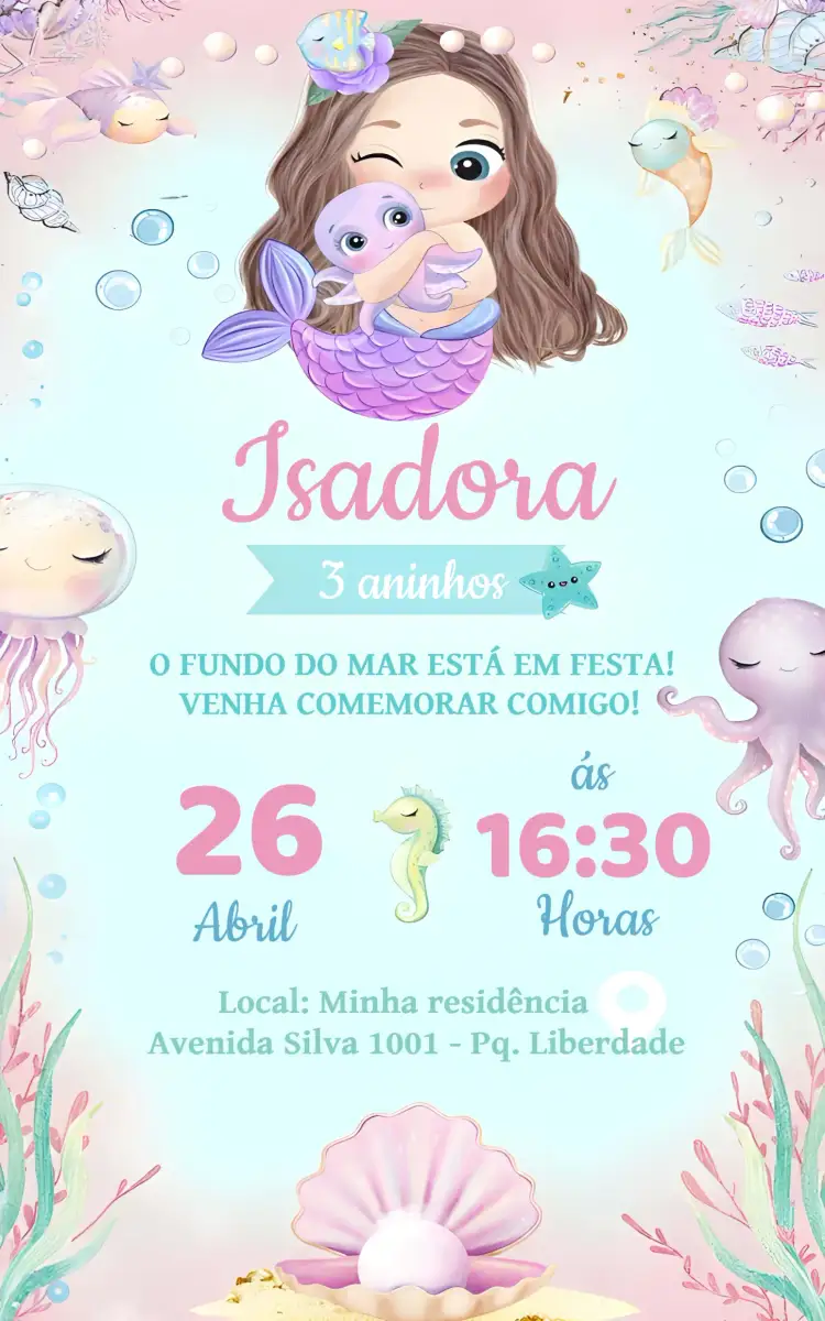 Convite Sereia Delicado – tema Mais pesquisados candy colors, marinho, delicado, infantil, fantasia