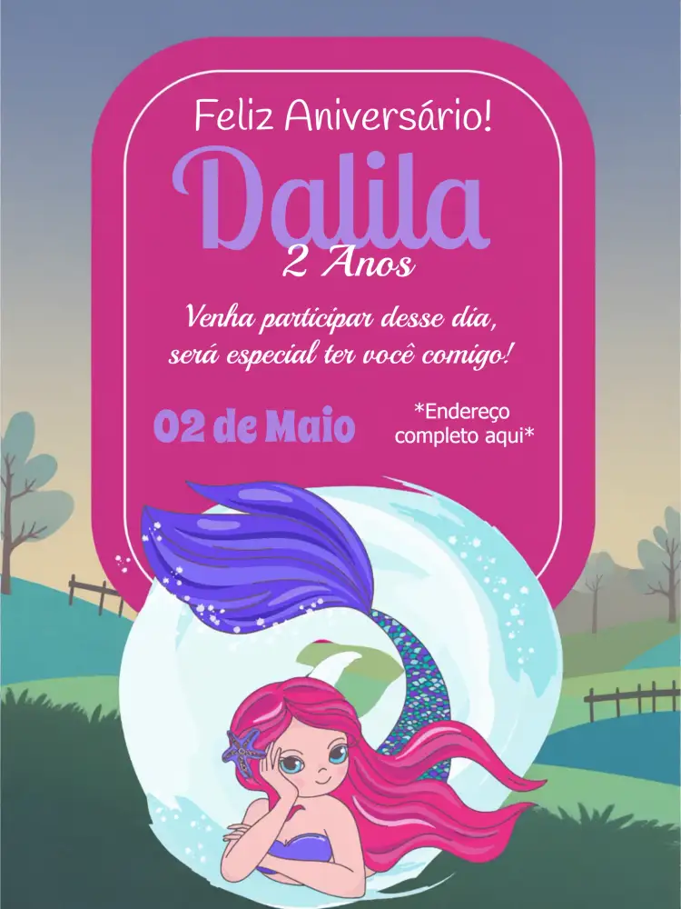 Convite Sereia Especial – tema Mais pesquisados cores do mar, design lúdico, elementos gráficos de sereia, estilo infantil, vibrante e colorido, fundo do mar
