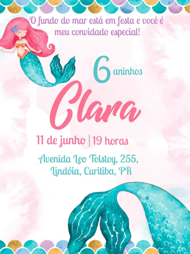 Convite Sereia Fundo – tema Aniversário Infantil marinho, colorido, fantasia, temático, alegre, divertido