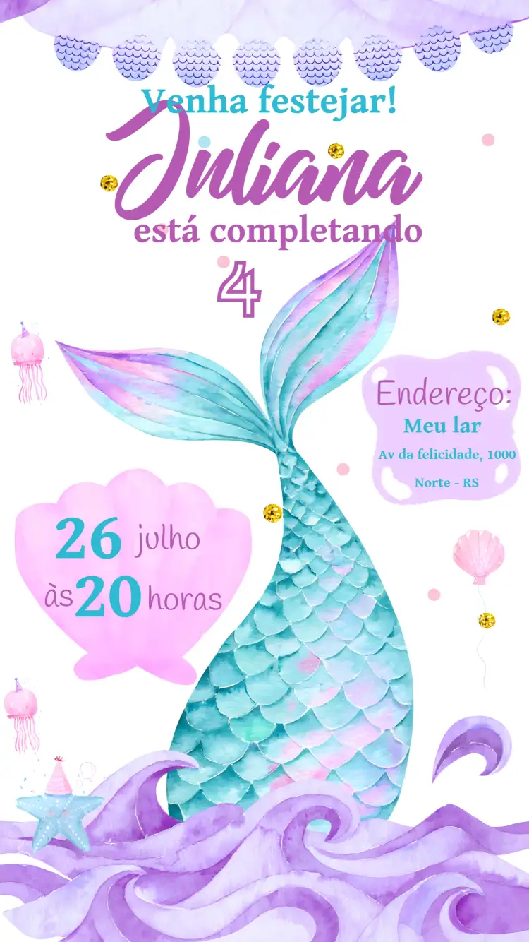 Convite Sereia Fundo Do Mar Infantil – tema Aniversário Infantil fundo do mar, sereia, lilás, colorido, infantil, divertido