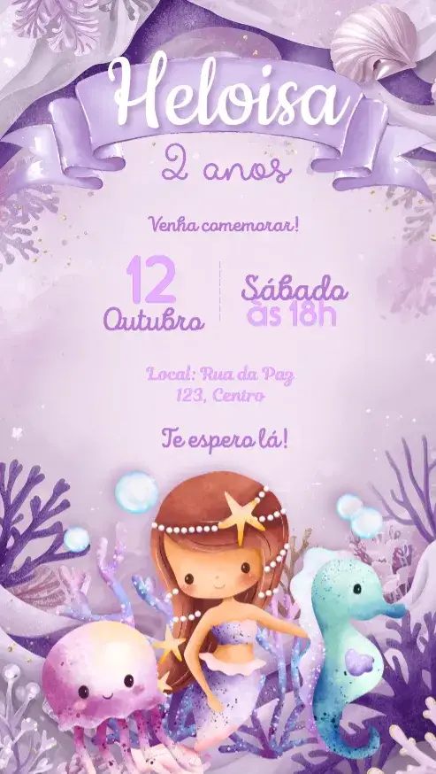 Convite Sereia lilás – tema Aniversário Infantil lilás, verde água, fundo do mar, sereia, elementos marítimos