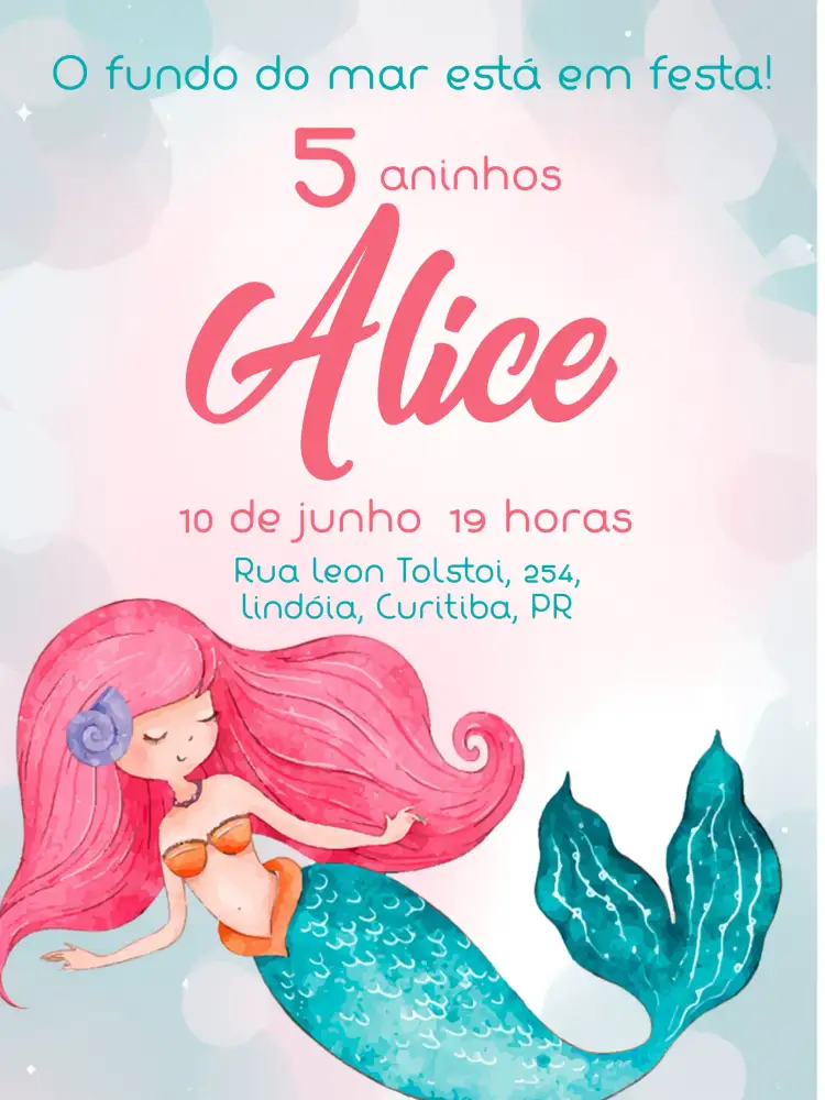 Convite Sereia Mar – tema Aniversário Infantil colorido, marinho, fantasia, divertido, lúdico, tropical