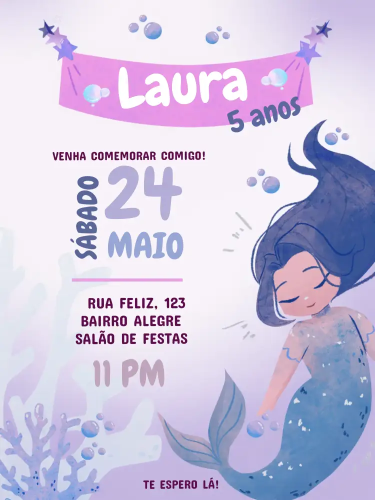 Convite Sereia Mar – tema Aniversário Infantil sereia, mar, azul, roxo, bolhas, fantasia