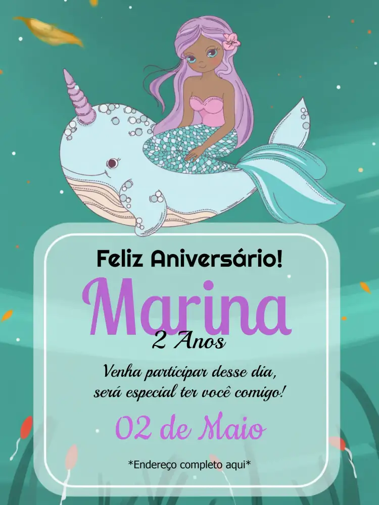 Convite Sereia Modelo – tema Mais pesquisados marinho, colorido, lúdico, vibrante, fantasia, tropical