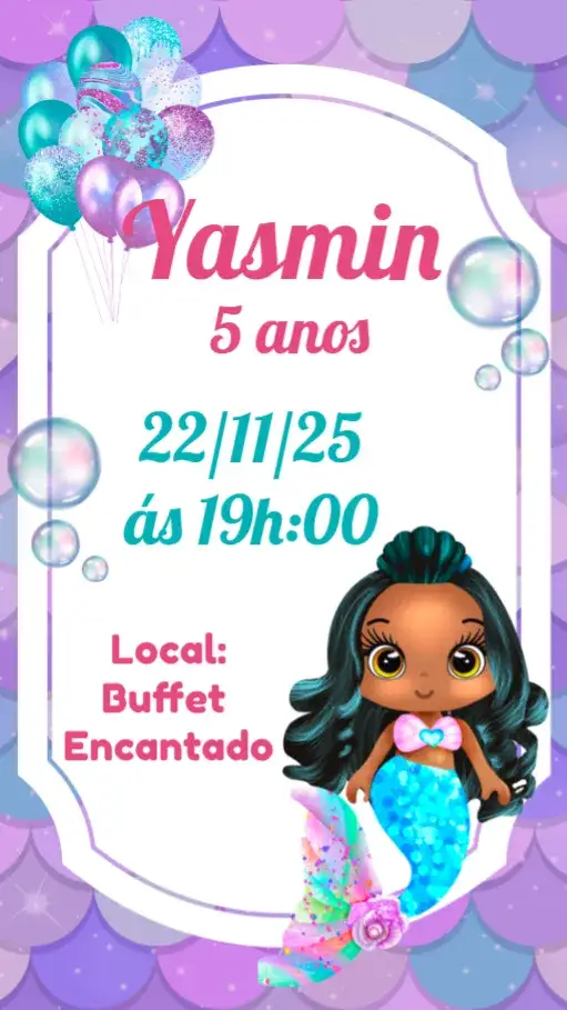Convite Sereia Morena – tema Aniversário Infantil cores vibrantes, estilo lúdico, elementos marinhos, design divertido, ilustrações coloridas
