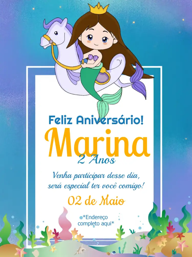 Convite Sereia Online – tema Mais pesquisados marinho, colorido, lúdico, fantasia, tropical, brilhante