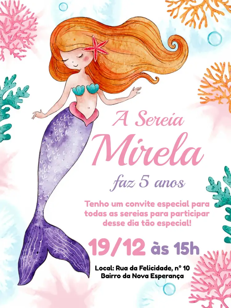 Convite Sereia Verde – tema Aniversário Infantil fundo do mar, cores pastel, elementos marinhos, fantasia infantil, vibrante, mágico