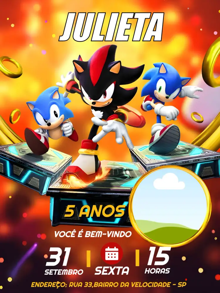 Convite Shadow E O Sonic Com Foto Amarelo