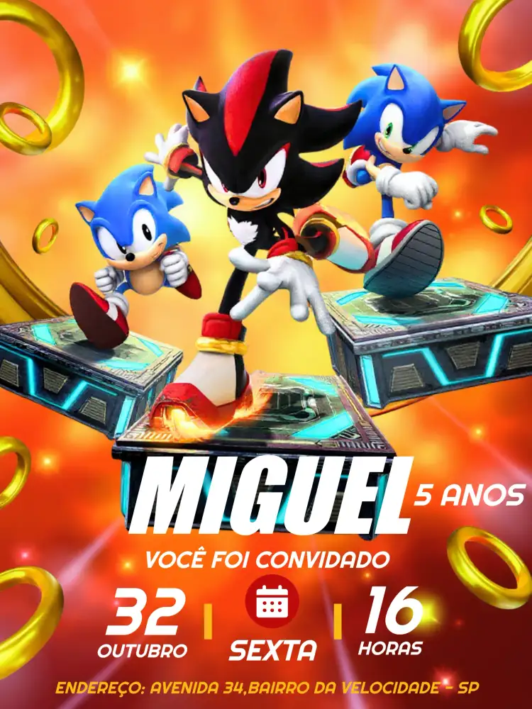 Convite Shadow E O Sonic Desenho – tema Aniversário Infantil moderno, colorido, jogos, infantil, temática, dinâmico