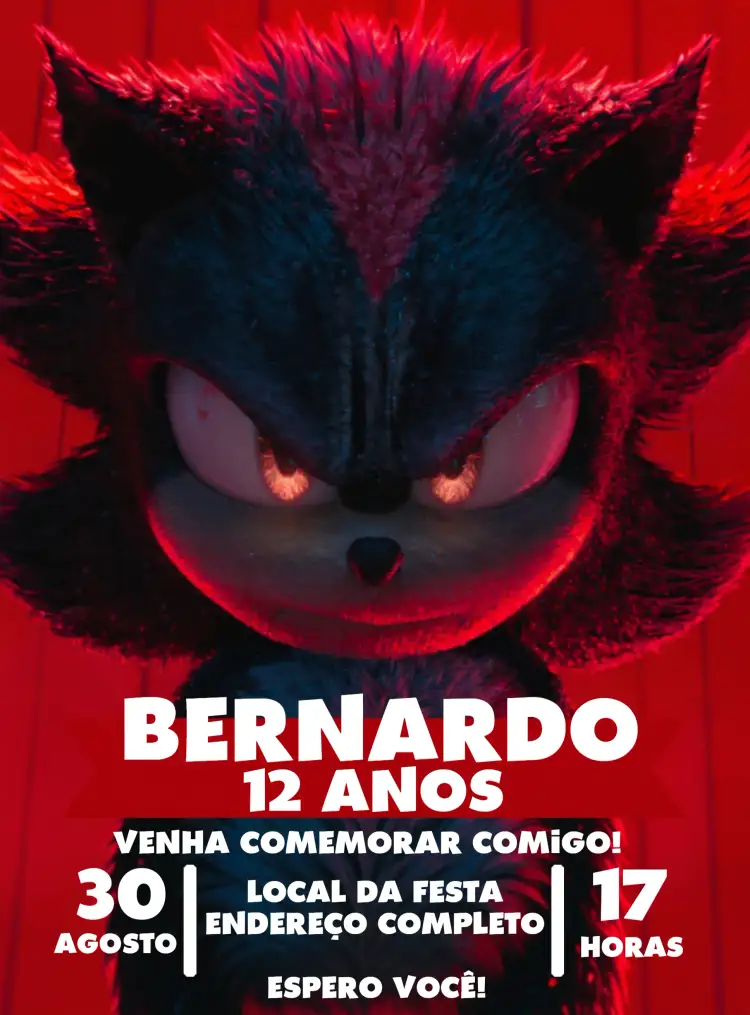 Convite Shadow Sonic 3 Filme – tema Aniversário Infantil moderno, divertido, temático, colorido, aventura, jovial