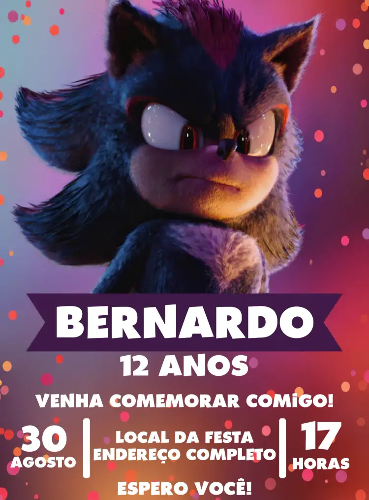 Convite Shadow Sonic 3 Preto – tema Aniversário Infantil moderno, temático, preto e azul, jogos, aventura, personagens