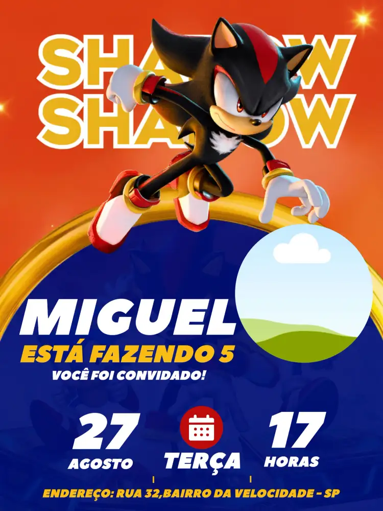 Convite Shadow Sonic Com Foto Amarelo – tema Aniversário Infantil colorido, jogos, infantil, divertido, moderno