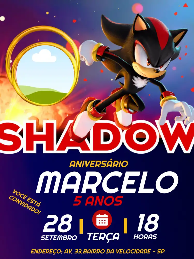 Convite Shadow Sonic Com Foto Vermelho – tema Aniversário Infantil colorido, temático, divertido, moderno, jovial, animado