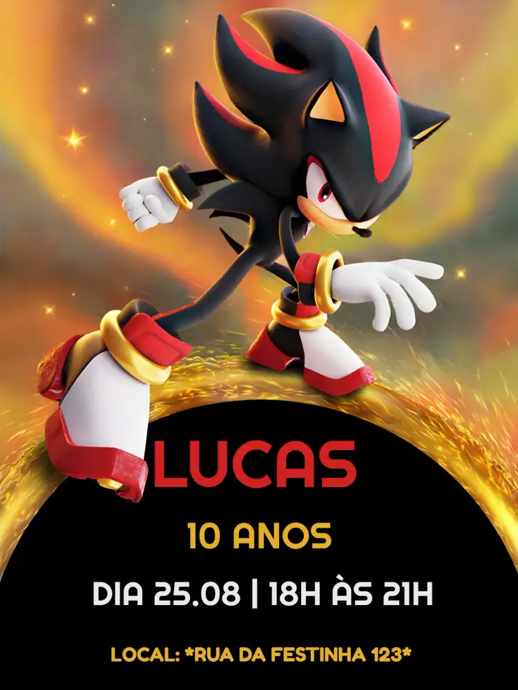 Convite Shadow Sonic Vermelho – tema Aniversário Infantil vermelho, preto, jogos, temática infantil, divertido, dinâmico