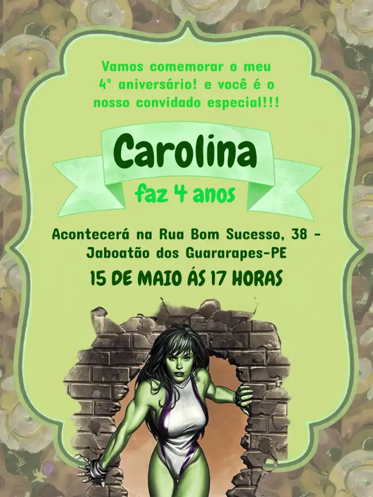 Convite She Hulk Do – tema Aniversário Infantil colorido, super-heróis, divertido, moderno, infantil, animado