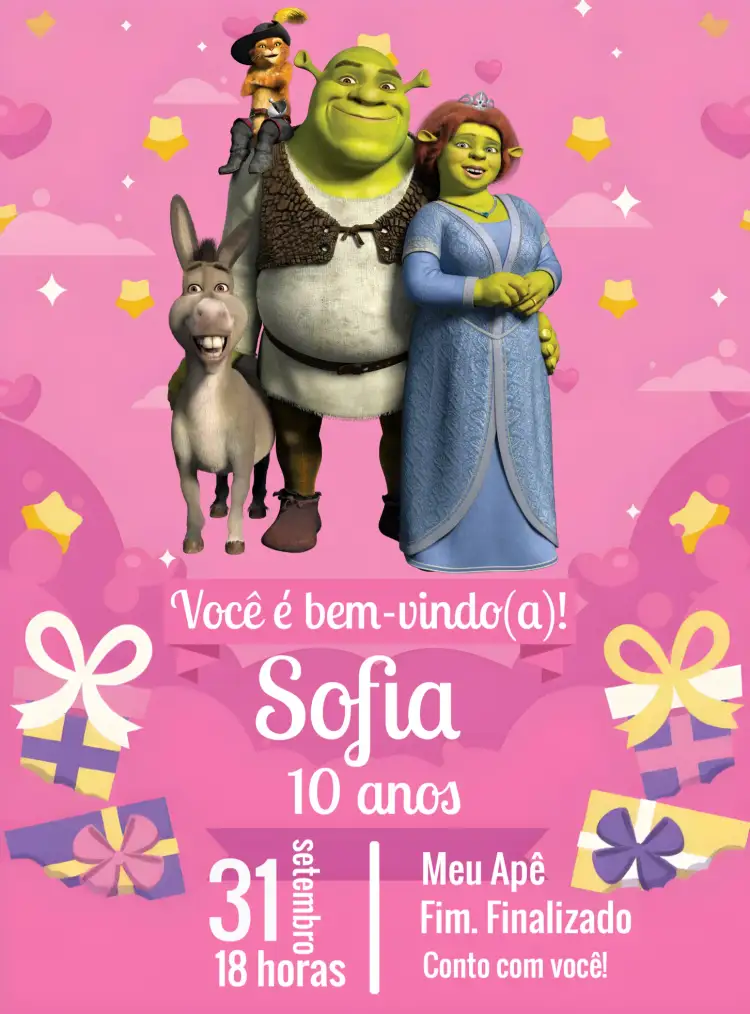 Convite Shrek Digital – tema Mais pesquisados animação, infantil, personagens