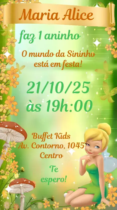 Convite Sininho – tema Aniversário Infantil encantado, colorido, divertido, fadas, natureza, mágico