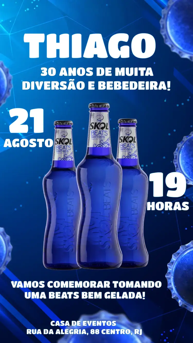 Convite Skol Beats Bar – tema Aniversário moderno, vibrante, azul, descontraído, boteco, festivo
