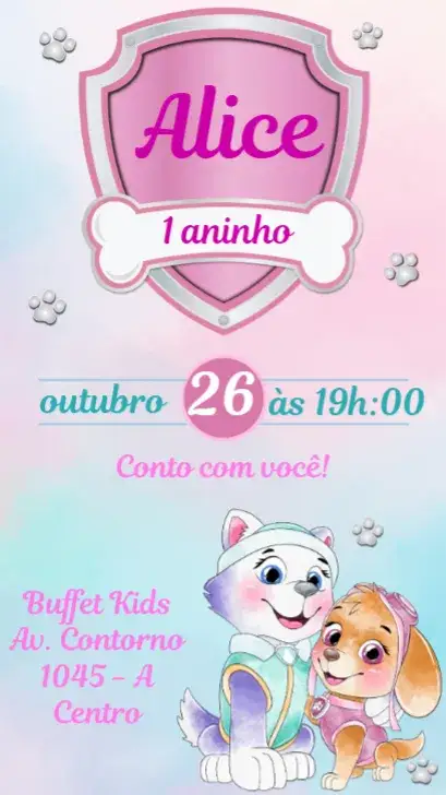 Invitación Skye e Everest Aquarela – tema Aniversário Infantil aquarela, colorido, infantil, divertido, temático, animado