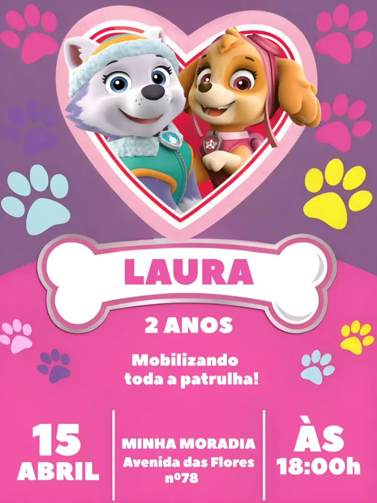 Convite Skye E Everest Menina Rosa Canina