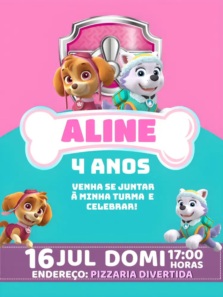 Convite Skye E Everest Patrulha Canina Criança – tema Mais pesquisados rosa, pink, temático, divertido, infantil, aventura
