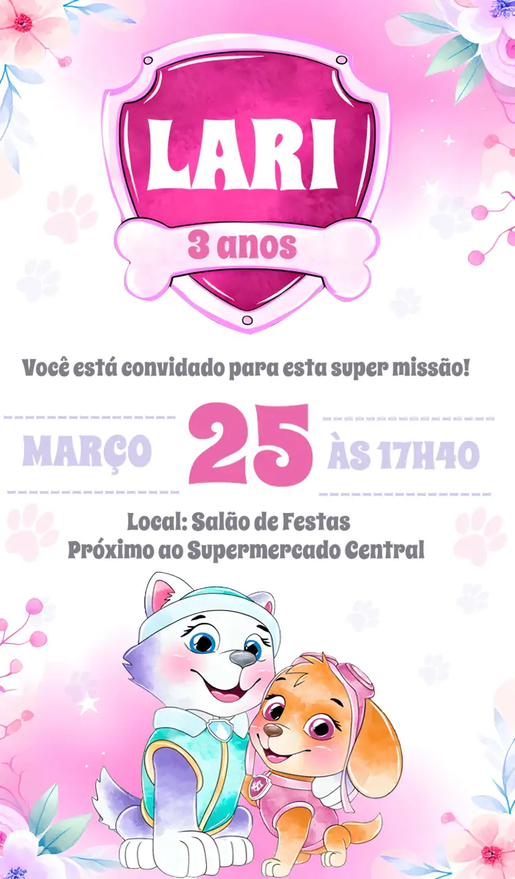 Convite Skye E Everest Patrulha Canina Flor