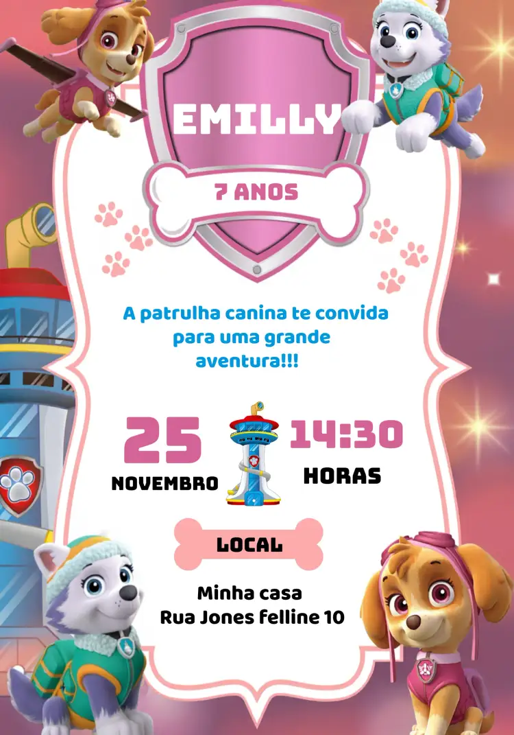 Convite Skye E Everest Patrulha Canina Menina – tema Aniversário Infantil cores vibrantes, estilo divertido, elementos gráficos da Patrulha Canina, tema infantil, ilustrações coloridas