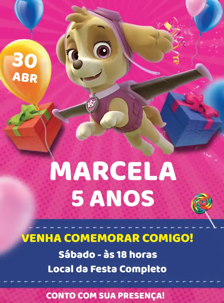 Convite Skye Patrulha Canina – tema Aniversário Infantil rosa, divertido, colorido, aventura, infantil, temático