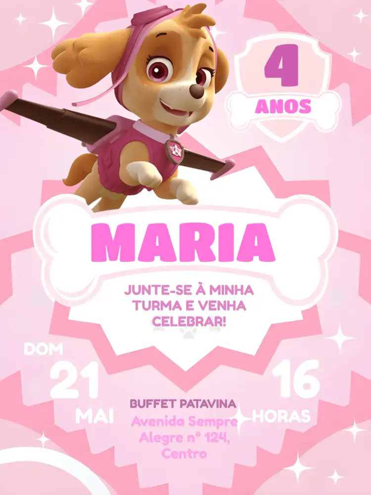 Convite Skye Patrulha Canina – tema Aniversário Infantil rosa, divertido, temático, infantil, colorido