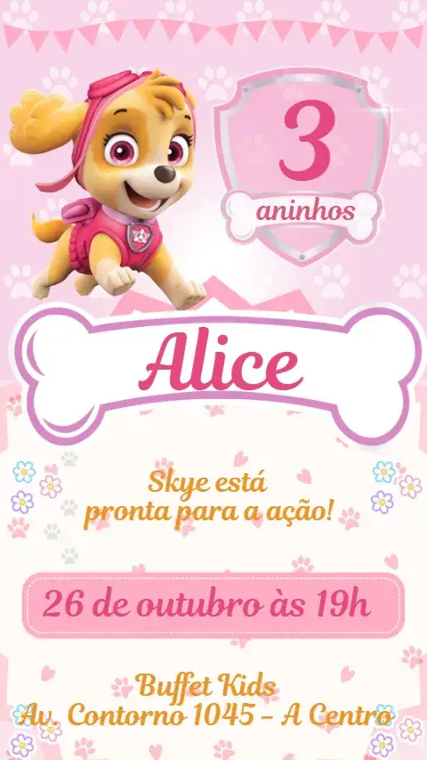 Invitation Skye Patrulha Canina – Aniversário Infantil theme temática infantil, cores vibrantes, ilustrações divertidas, estilo moderno, elementos gráficos da Patrulha Canina