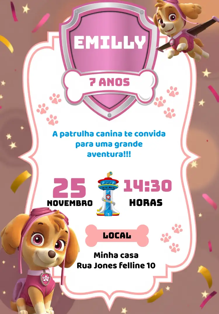 Convite Skye Patrulha Canina Cachorro – tema Aniversário Infantil rosa, divertido, colorido, infantil, temático, aventura