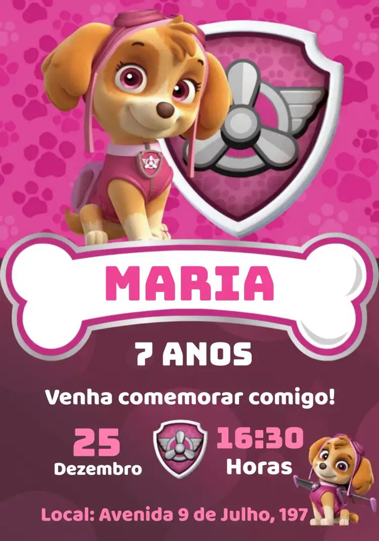 Convite Skye Patrulha Canina Cachorro – tema Aniversário Infantil rosa, divertido, infantil, colorido, temático