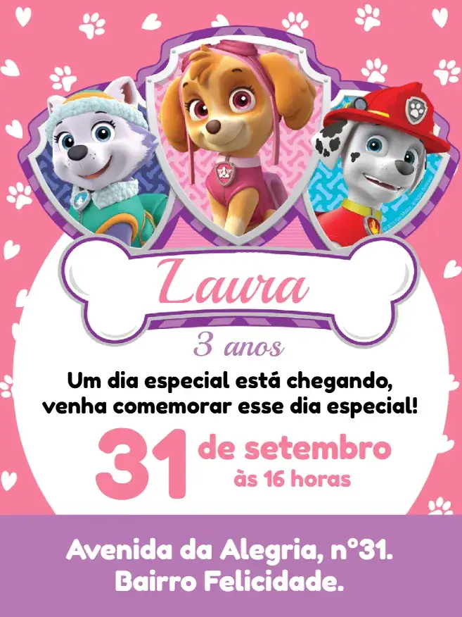 Convite Convite digital Skye Patrulha Canina – tema Aniversário Infantil rosa, divertido, infantil, temático, colorido, animado