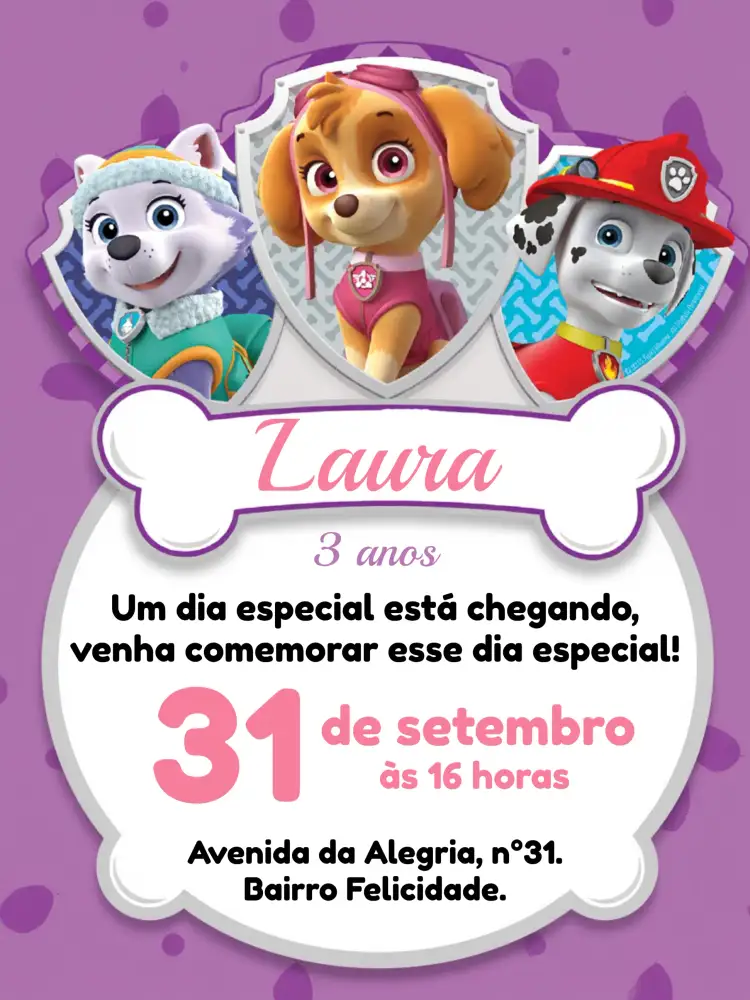 Convite Skye Patrulha Canina Cachorro – tema Aniversário Infantil rosa, divertido, infantil, temático, colorido, animado