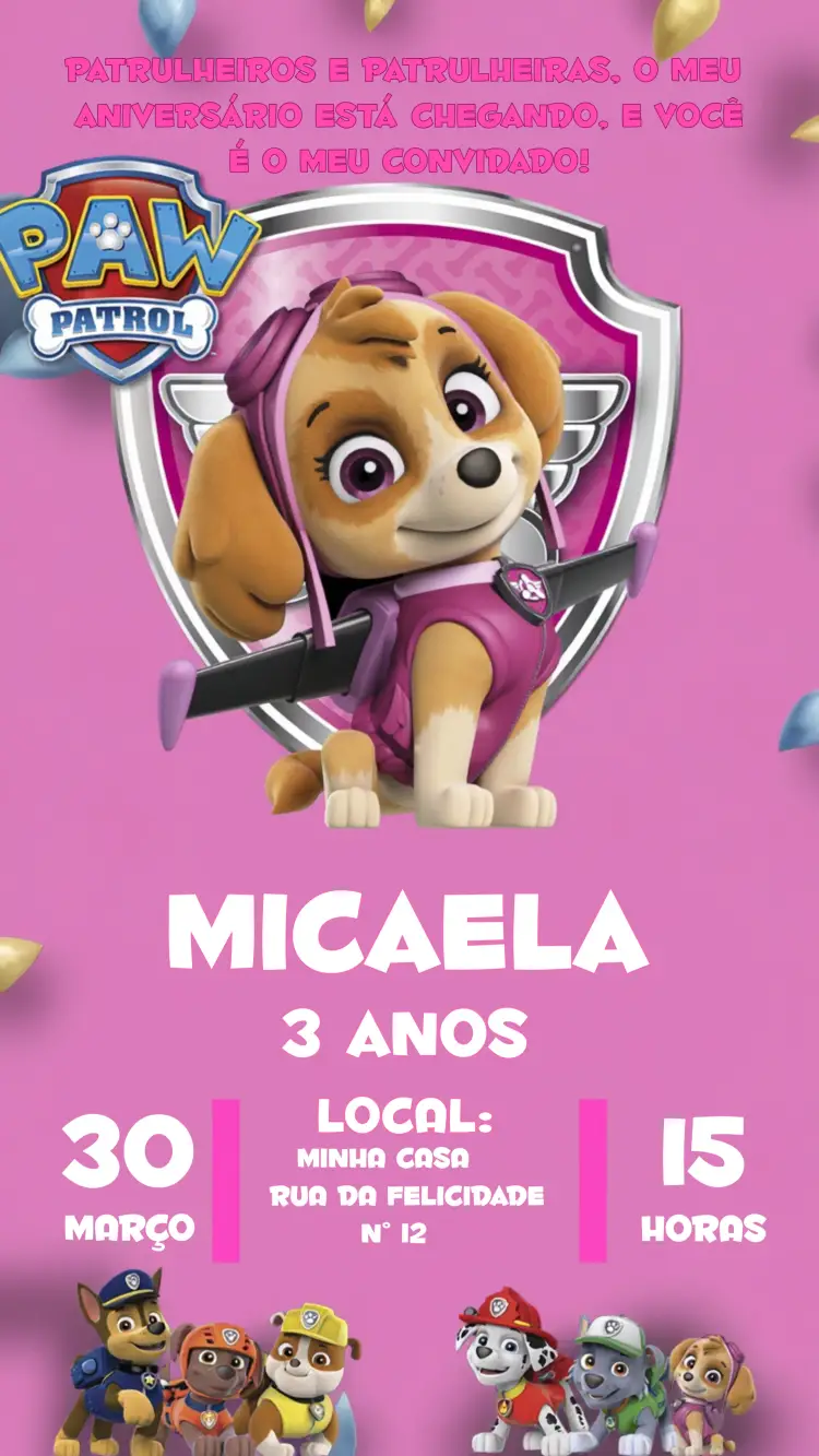 Convite Skye Patrulha Canina Cachorro