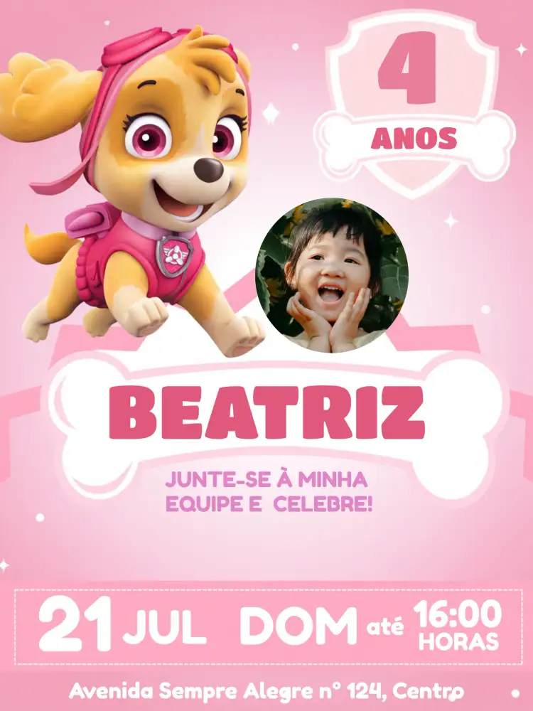 Convite Skye Patrulha Canina Com Foto Rosa – tema Aniversário Infantil rosa, divertido, colorido, infantil, personagem, moderno