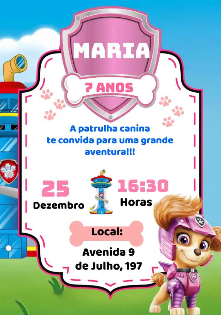 Convite Skye Patrulha Canina Cachorro