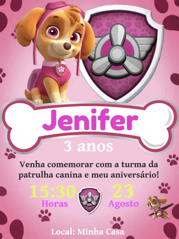 Convite Skye Patrulha Canina Fundo – tema Aniversário Infantil rosa, moderno, divertido, temático, infantil