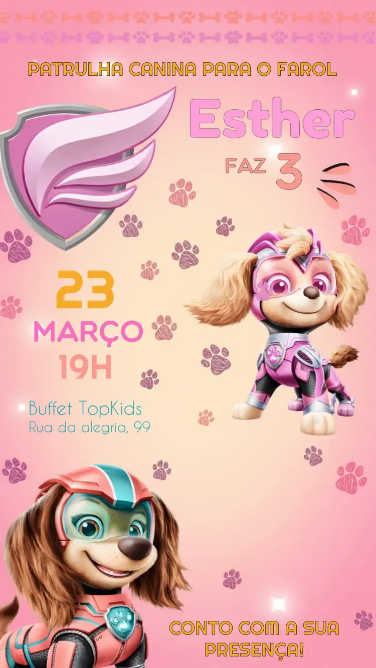 Convite Skye Patrulha Canina Infantil – tema Aniversário Infantil rosa, infantil, divertido, colorido, temático, moderno