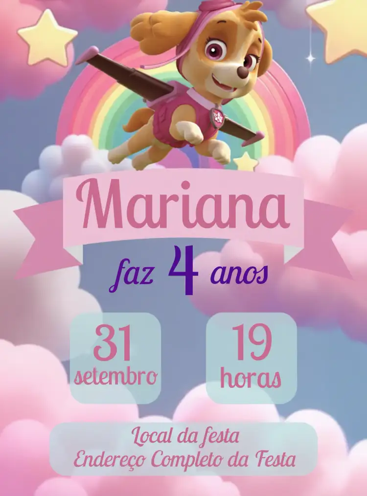 Convite Skye Patrulha Canina Menina – tema Aniversário Infantil rosa, lúdico, divertido, colorido, moderno, infantil