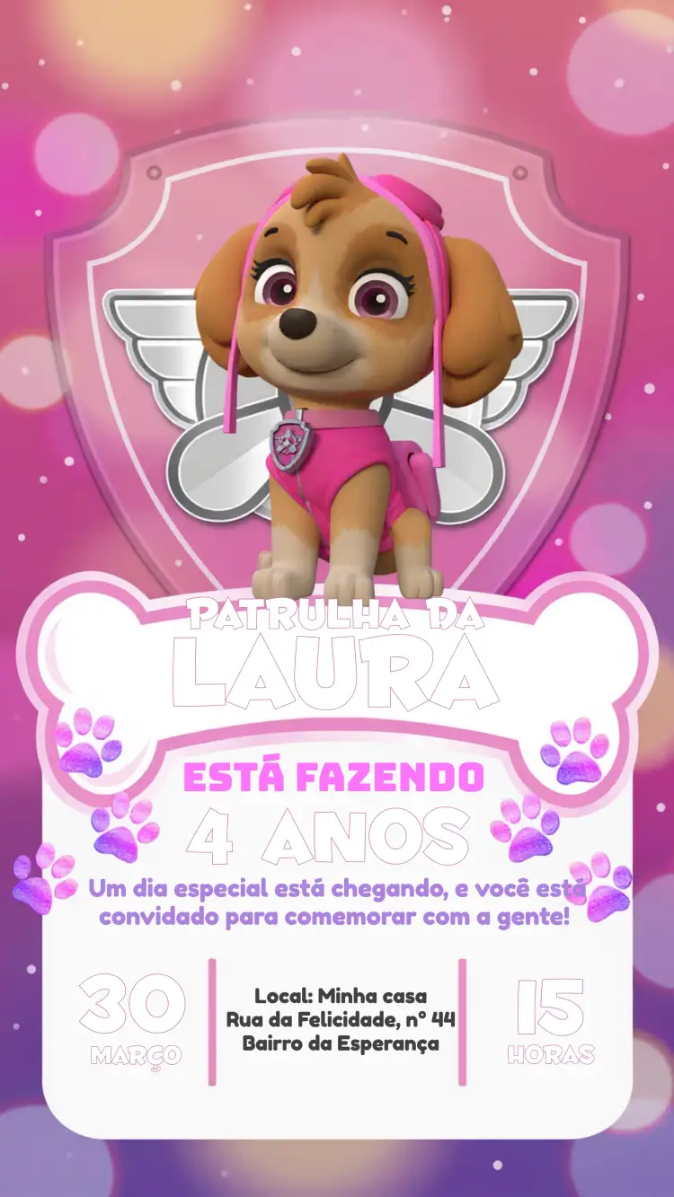 Convite Skye Patrulha Canina Menina – tema Aniversário Infantil rosa, roxo, lúdico, divertido, colorido, temático