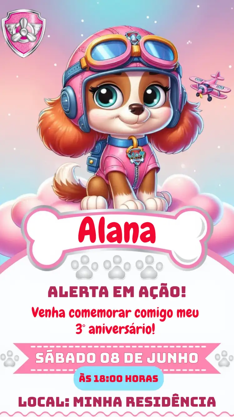 Convite Skye Patrulha Canina Rosa – tema Aniversário Infantil rosa, divertido, colorido, infantil, caracteres da Patrulha Canina, temático