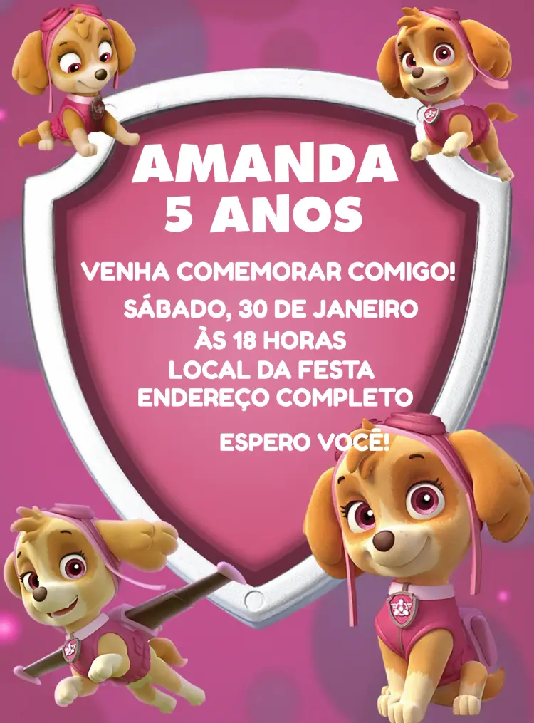 Convite Skye Patrulha Canina Rosa