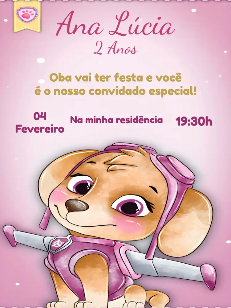Convite Skye Patrulha Canina Rosa
