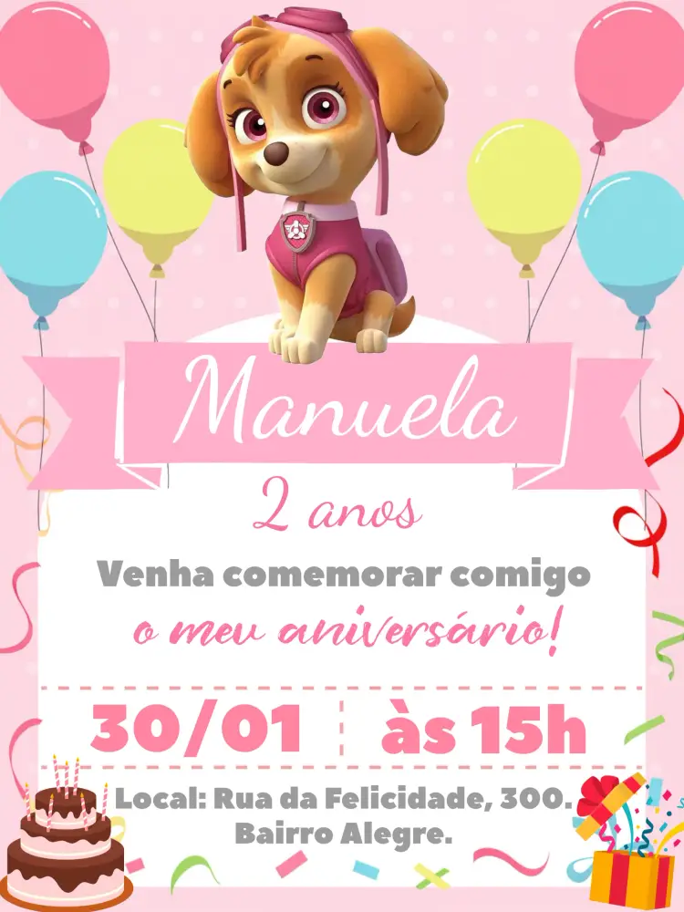 Convite Skye Patrulha Canina Rosa Menina