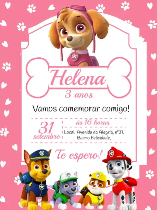 Convite Skye Patrulha Canina – tema Aniversário Infantil rosa, infantil, temático, colorido, divertido