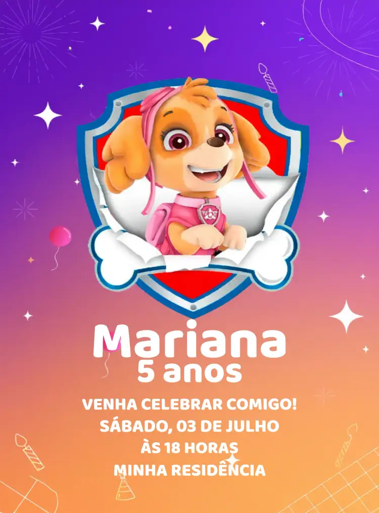 Convite Skye Rosa Patrulha Canina Menina