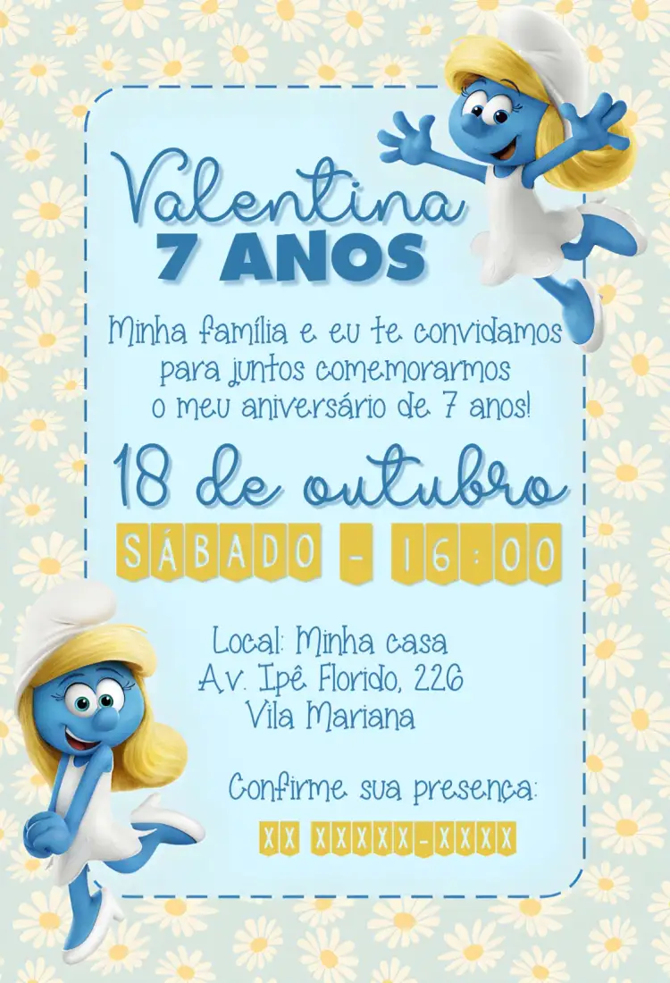 Convite Smurfs – tema Aniversário Infantil azul vibrante, flores coloridas, ilustrações lúdicas, estilo cartoon, elementos de fantasia, estética divertida
